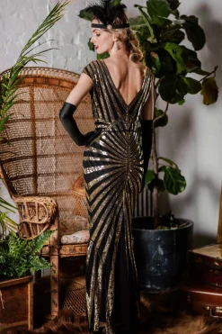 Online Retro Stage [US Warehouse] 1920s Sequin Art Deco Maxi Dress Gold