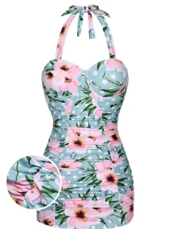 Best Retro Stage [US Warehouse] & Pink 1930s Floral Polka Dot Halter Swimsuit Green