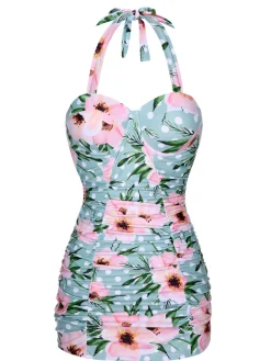 Best Retro Stage [US Warehouse] & Pink 1930s Floral Polka Dot Halter Swimsuit Green