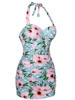 Best Retro Stage [US Warehouse] & Pink 1930s Floral Polka Dot Halter Swimsuit Green