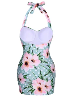 Best Retro Stage [US Warehouse] & Pink 1930s Floral Polka Dot Halter Swimsuit Green