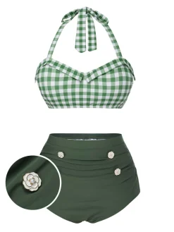 Online Retro Stage [US Warehouse] 1940s Halter Plaids Swimsuit Green Gray
