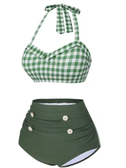 Online Retro Stage [US Warehouse] 1940s Halter Plaids Swimsuit Green Gray