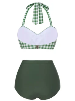 Online Retro Stage [US Warehouse] 1940s Halter Plaids Swimsuit Green Gray