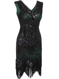 Clearance Retro Stage [US Warehouse] Green Plus Size 1920s Sequined Dress