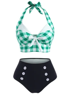 Online Retro Stage [US Warehouse] 1950s Checked Halter Bowknot Bikini Set Green