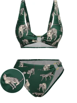 Discount Retro Stage [US Warehouse] 1940s Leopard Halter Split Swimsuit Green