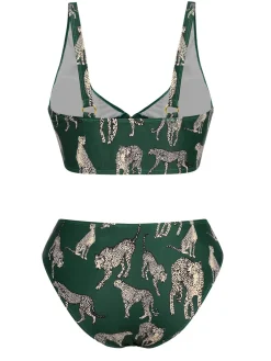 Discount Retro Stage [US Warehouse] 1940s Leopard Halter Split Swimsuit Green