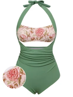 Hot Retro Stage [US Warehouse] Green 1930s Peony Halter One-Piece Swimsuit