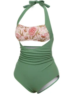 Hot Retro Stage [US Warehouse] Green 1930s Peony Halter One-Piece Swimsuit