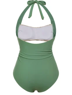 Hot Retro Stage [US Warehouse] Green 1930s Peony Halter One-Piece Swimsuit