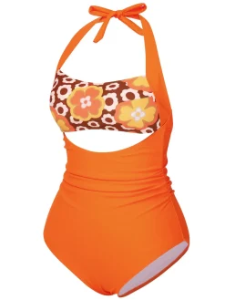 Hot Retro Stage [US Warehouse] Green 1930s Peony Halter One-Piece Swimsuit