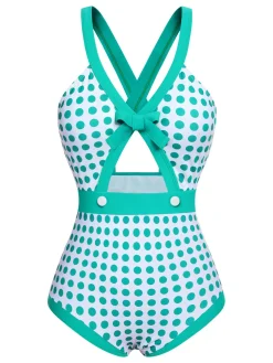 Discount Retro Stage [US Warehouse] 1940s Polka Dot Bowknot One-Piece Swimsuit Green