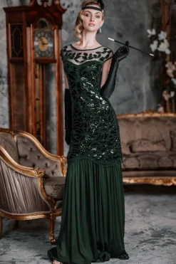 Outlet Retro Stage [US Warehouse] Green 1920s Sequin Maxi Flapper Dress