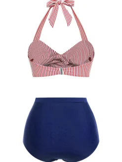 New Retro Stage [US Warehouse] Green 1940s Striped Halter Swimsuit Set