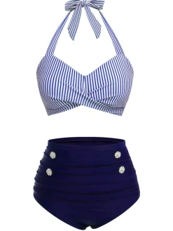 New Retro Stage [US Warehouse] Green 1940s Striped Halter Swimsuit Set