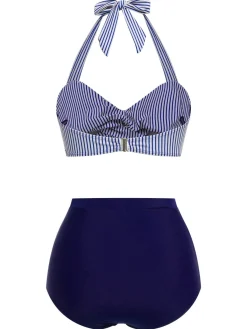 New Retro Stage [US Warehouse] Green 1940s Striped Halter Swimsuit Set