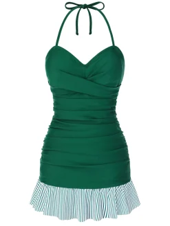 Hot Retro Stage [US Warehouse] 1930s Striped Ruffles Ruched Halter Swimsuit Green