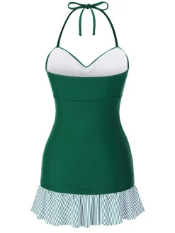 Hot Retro Stage [US Warehouse] 1930s Striped Ruffles Ruched Halter Swimsuit Green