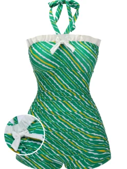 Fashion Retro Stage [US Warehouse] 1930s Stripe Off-Shoulder Halter Swimsuit Green