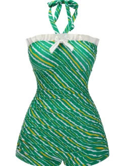 Fashion Retro Stage [US Warehouse] 1930s Stripe Off-Shoulder Halter Swimsuit Green