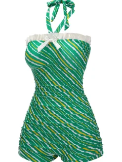 Fashion Retro Stage [US Warehouse] 1930s Stripe Off-Shoulder Halter Swimsuit Green