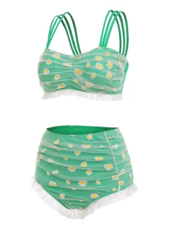 Online Retro Stage [US Warehouse] Green 1950s Summer Daisy Tankini Set