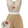Discount Retro Stage [US Warehouse] Khaki 1950s Embroidered Rose V-Neck Romper