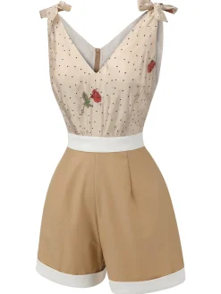 Discount Retro Stage [US Warehouse] Khaki 1950s Embroidered Rose V-Neck Romper