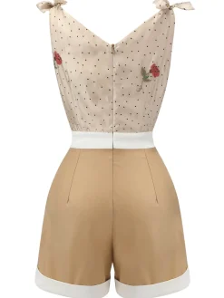 Discount Retro Stage [US Warehouse] Khaki 1950s Embroidered Rose V-Neck Romper