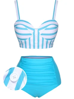 New Retro Stage [US Warehouse] 1950s Stripe Strap Swimsuit Light Blue