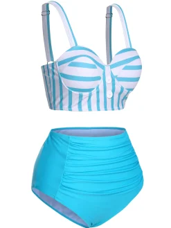 New Retro Stage [US Warehouse] 1950s Stripe Strap Swimsuit Light Blue