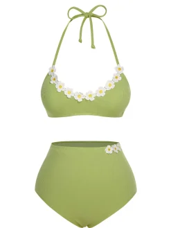 Outlet Retro Stage [US Warehouse] Light Green 1960s Halter Knit Daisy Swimsuit