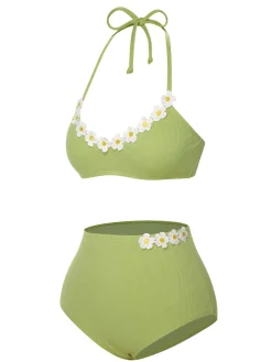 Outlet Retro Stage [US Warehouse] Light Green 1960s Halter Knit Daisy Swimsuit