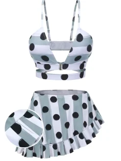 Hot Retro Stage [US Warehouse] 1940s Striped Polka Dots Strap Swimsuit Multi