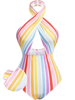 Clearance Retro Stage [US Warehouse] Multicolor 1960s Stripe Halter Swimsuit Rainbow