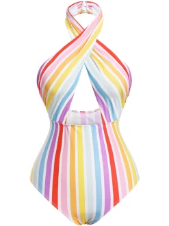 Clearance Retro Stage [US Warehouse] Multicolor 1960s Stripe Halter Swimsuit Rainbow