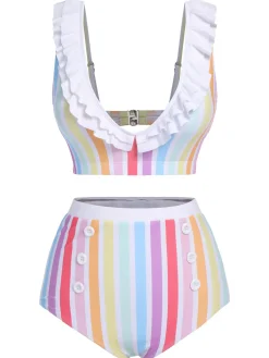 Sale Retro Stage [US Warehouse] 1950s Rainbow Stripes Swimsuit Multicolor