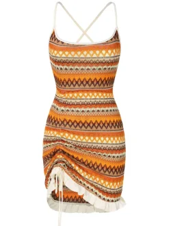 Sale Retro Stage [US Warehouse] 1960s Bohemian Drawstring Knit Straps Dress Multicolor
