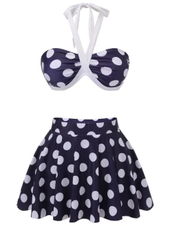 Fashion Retro Stage [US Warehouse] 1940s Polka Dot Halter Swimsuit Navy Blue