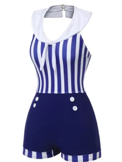 Clearance Retro Stage [US Warehouse] Navy 1950s Striped Navy Collar Swimsuit Blue