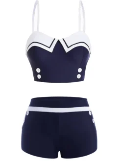 New Retro Stage [US Warehouse] Navy Blue 1950s Spaghetti Buttons Swimsuit