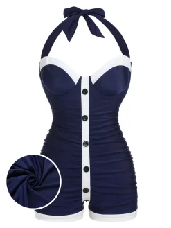 Best Retro Stage [US Warehouse] Navy Blue 1950s Pleated Halter Swimsuit