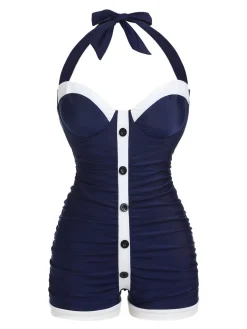 Best Retro Stage [US Warehouse] Navy Blue 1950s Pleated Halter Swimsuit