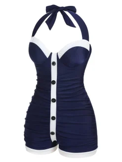 Best Retro Stage [US Warehouse] Navy Blue 1950s Pleated Halter Swimsuit