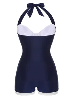 Best Retro Stage [US Warehouse] Navy Blue 1950s Pleated Halter Swimsuit