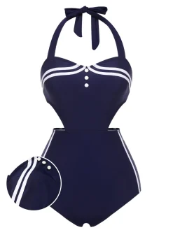 Outlet Retro Stage [US Warehouse] 1930s Halter One-piece Swimsuit Navy Blue