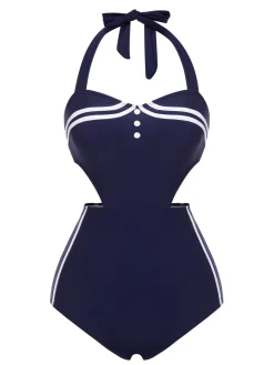 Outlet Retro Stage [US Warehouse] 1930s Halter One-piece Swimsuit Navy Blue