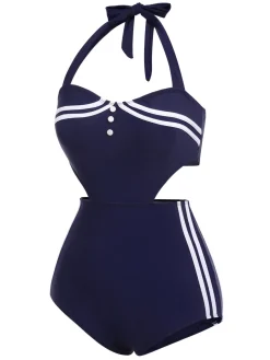 Outlet Retro Stage [US Warehouse] 1930s Halter One-piece Swimsuit Navy Blue