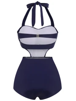 Outlet Retro Stage [US Warehouse] 1930s Halter One-piece Swimsuit Navy Blue